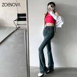 Women High Waist Slim Flare Jeans Raw Edge Design Retro Casual Street Style Pantalones Vaqueros Mujer Y2k Baggy