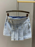 Women's Denim Skirt High Waist Pleated Patchwork Asymmetrical Black Retro Mini A-line Skirts 2024 Summer New Fashion 29L297-Outfit