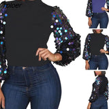 Women Mock Neck Stitching Sequined Long Puff Sleeve Blouse Crop Top Loose Clothing Casual T shirt Femme