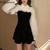 Women Clothing Sets Lantern Sleeve Short Loose Shirts with Black Solid 2023 Korean Fashion Women's Dress Two Piece Suit-Outfit