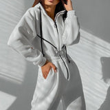 Women Basic Hoodie Jumpsuit Zipper Drawstring Overall High Waist Elasticity Streetwear Tracksuit Rompers Casual One Piece