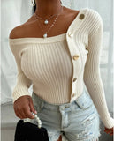 Fashion Off Shoulder Pullover Sweater Knitted Women Autumn Winter Buttons Diagonal Collar Threaded Long Sleeve Tops