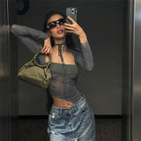 2025 Fashion Trend Women's New Long-Sleeved Square Necker Repair Exposed Umbilly Mesh Perspective