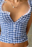 Gingham Crop Tops Summer Y2k Clothes Women Lace Trim Button Up Square Neck Backless Tank Top Cute Girls 425-1-Outfit