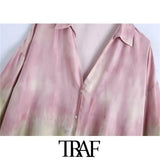 Women Fashion Oversized Tie-dye Print Blouses Vintage Long Sleeve Side Vents Female Shirts Blusas Chic