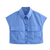 New Four-Color Sleeveless Pocket Short Blouse-Outfit