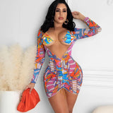 Sheer Mesh Print Long Sleeve Bodycon Dress Women Two Pieces Matching Sets Sexy Beach Outfits Vacation
