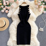 Button Details Sleeveless Knitted Bodycon Dress Women Summer Elegant Stretchy Dress Vintage Solid