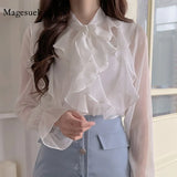 New Ruffles Chiffon Blouse Summer Office Lady Sweet Bow Tops 2021 Elegant Mesh Casual Long Sleeve Shirt Blusas