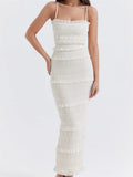 Y2K Ruched Sleeveless Strap Long Sling Dress for Women Ruffles Square Neck Low Cut Back Split Dresses Female Vestidos-Outfit