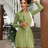 Knitted Pleated Skirt Set Women Sexy Long Sleeve Slim Tops And High Waisted Mini Skirt Dress Two Piece Set Y2K 2021