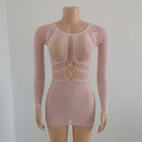 See Through Summer Mini Dresses For Women 2022 Long Sleeve Bodycon Dress White Black Hollow Out Knitted Sexy Party