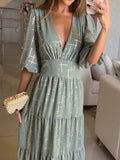 Print Half Sleeve Maxi Dresses Women V Neck Loose Hem Elegant Dress Hight Waist Loose Hem Women 2 Piece Sets Women-Outfit