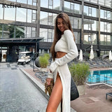2022 Knitted Sweater Long Skirts Two Piece Set Women Suits With Skirt Crop Top Button Sexy Split Dress Suits