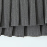 Grey Striped Print Side 3 Buttons Pleated Mini Skirt Sexy Low Waist Short Skater Skirts-Outfit