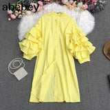 New Summer Fashion All-match stand collar puff sleeve Dress multi layer Ruffles loose Shirt