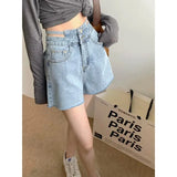 Fashion Women's Denim Shorts High Waisted For Summer Solid Raw Edge Korean Version Casual Hollow Out Wide Leg Jean