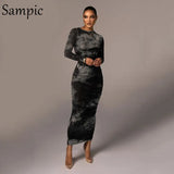 Black White O Neck Autumn Print Long Sleeve Tie Dye Bodycon Sexy Ruched Women Dress Long Party Club Wrap Dress