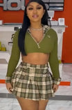 Plaid Collar Zipper Long Sleeve Crop Top And Mini Plaid Pleat