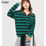 Women Sweaters 2022 Autumn Long Sleeves Polo Collar Knitted Pullover Striped Letter Embroidery Elegant Vintage