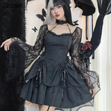 Gothic y2k Dresses for Women 2023 Fashion Lace Halterneck Long Sleeve A-Line Dress Black White Punk Birthday Party