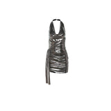 2024 Summer New Vintage silver Matte Tight Sexy Hot Mature Beautiful Gentle High Street Cool Women's Hip Halter Dress-Outfit