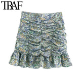 Women Chic Fashion With Ruffled Pleated Printed Mini Skirts Vintage High Waist Back Zipper Female Skirts