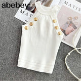 Summer New Hollow Out Womens Tank Tops Thin Knitted Sleeveless Sexy Tops Golden Buttons Camisole Women
