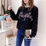 Clothing Casual 3D Letter Sweatshirts Fashion Pearl Beading Spring Autumn Korean Loose O-Neck Lace Patchwork