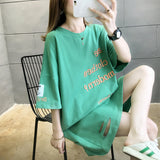 Shot 6535 Cotton Medium And Long Style Embroidery 2024 New Korean Version Short-Sleeved T-Shirt Women's Plus Size Blouse-Outfit