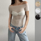 Spring And Summer Explosion Women's Dress A Word Collar Perspective Short-Sleeved T-Shirt