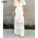 2023 Summer Boho Women Maxi Dress Loose Embroidery White Lace long Tunic Beach Dress Vacation Holiday Women