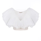 White Ruffle Shirt For Women V Neck Short Sleeve Patchwork Mesh Slim Blouses Female Summer Fashion Clothing