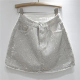 Women Denim Skirt Full Diamond Slim High Waist Black A-line Wrap Hip Luxury Mini Skirts 2024 Summer New Fashion 29L1188-Outfit