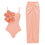 Solid Color Slings With Breast-Wear Three-Dimensional Flower Sleeves In A Row Swimsuit Women's 2025 New