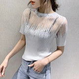 Summer Korean Clothes Knitted shirt Short Sleeve Elastic Tees Sexy Diamonds Transparent Women Tops Ropa Mujer Shirt