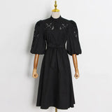 Graphic Dress For Women Stand Collar Puff Half Sleeve High Waist Patchwork Bowknot Dresses Female 2022 Summer