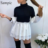 Spring Autumn Sexy Long Puff Sleeve Patchwork Shirt Dress Women Casual Party A-Line Mini Dresses Black Vestidos 2021