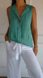 Women's Fake Cardigan V-Neck Cotton Sleeveless Casual Shirt Cotton And Shemp