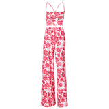 Floral Print Women 2 Piece Set Strap Camis Lace Up Cross Bandage High Waist Wide Leg Pants Elegant Party Club