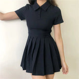 Short Sleeved Navy Dress 2023 New Summer Pleated Short Dresses Slim High Waist Fashion Folds Casual Dress for