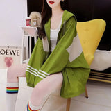 Female Casual Fahsion Striped Spliced Zipper Cardigan Loose All-match Thin Long Sleeve Hooded Jackets Women's