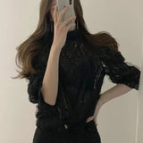 Style Stand Collar Lace Mesh Blouse Women New Long Sleeve Elegant Fashion Lady Solid Tops Sweet Clothing Blusas