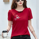 Women's Clothing Round Neck Summer Pullover Solid Color Plant&Flowers Embroidered Bow T-shirt Chinese Style All-match Tops-Outfit