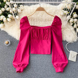 Women Fashion Korean Blouse Long Sleeve Square Collar Solid Slim Office Tops Autumn Casual Streetwear Short