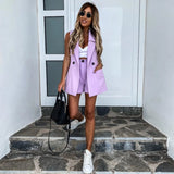 Sleeveless Solid Button Up Elastic Waist Blazer Tops And Pocket Shorts Set Elegant Office Ladies Suits Women Workwear