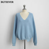Casual V-neck Long Sleeve Loose Women Pullover Sweaters 2020 Autumn Winter Chic Irregular Hem Female Knitting