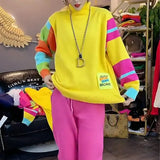 Candy Color Spliced Jumpers Women's Clothing Casual Half High Collar Autumn Winter Chic Letter Patch Designs Sweaters-Outfit