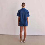 Summer New Water Wash Retro Solid Color Short Sleeve Shirt Shorts Denim Set