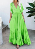Maxi Dresses For Women Summer 2022 Loose Flounced Edge V Neck Solid Color High Waist Bohemian Beach Long